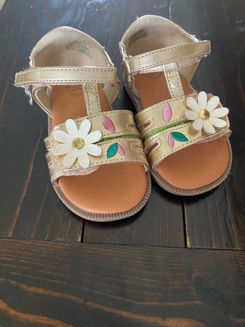 Wonder Nation Metallic Gold Floral T-Strap Sandals with Pink & Green Accents